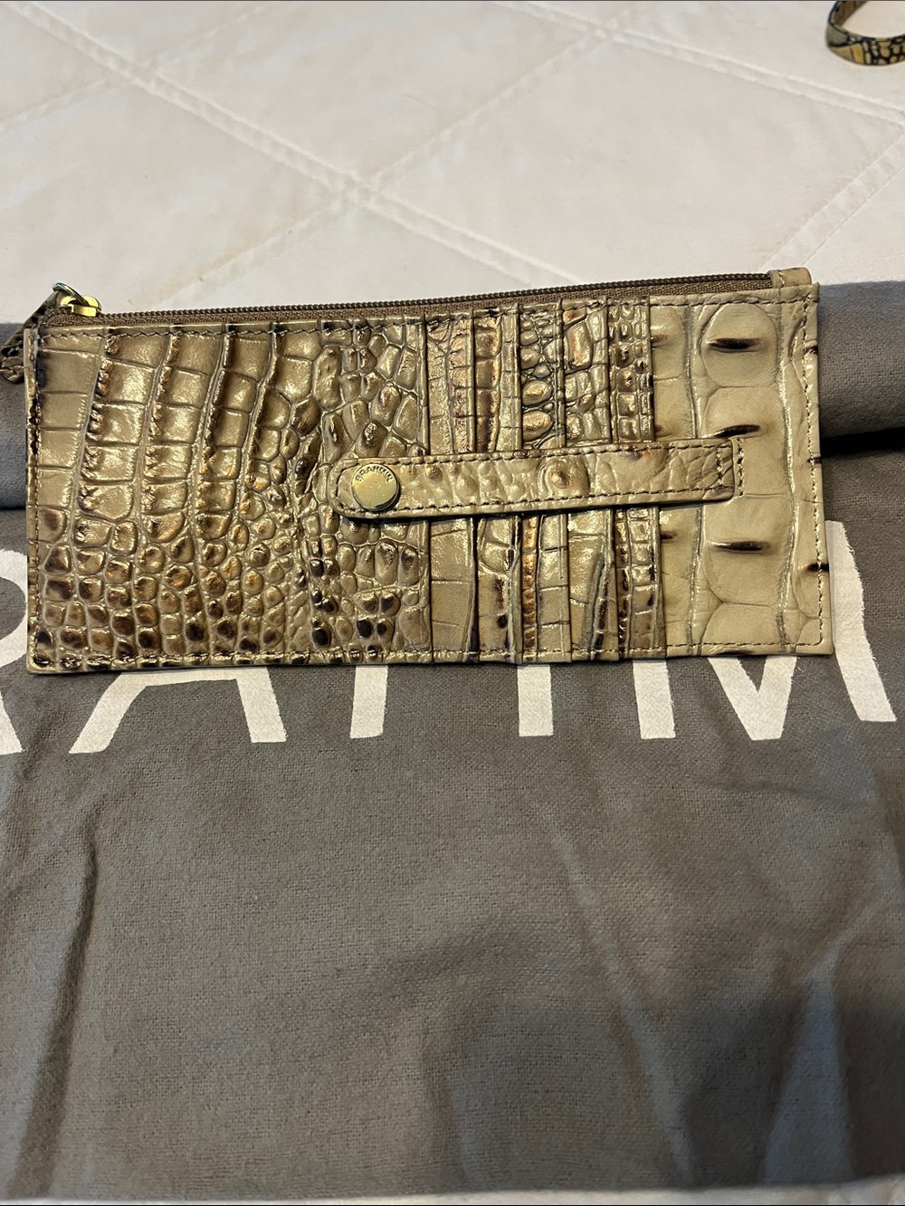 Brahmin Croc-Embossed Metallic Zip Wristlet - Taupe Gold